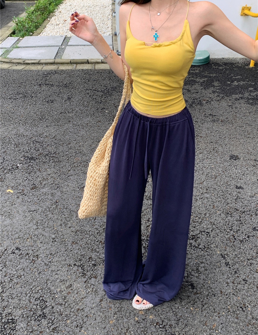 Slim pants elastic waist tops a set for women