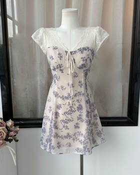 Floral drawstring V-neck pinched waist dress