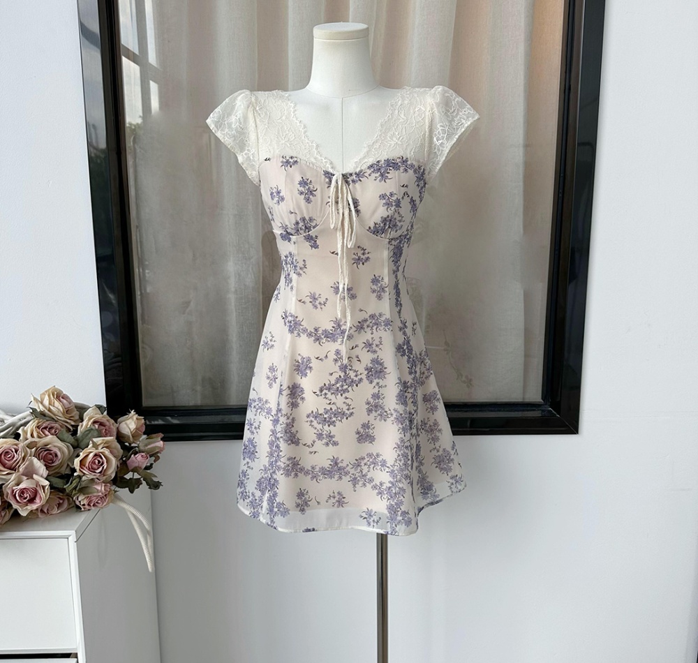 Floral drawstring V-neck pinched waist dress