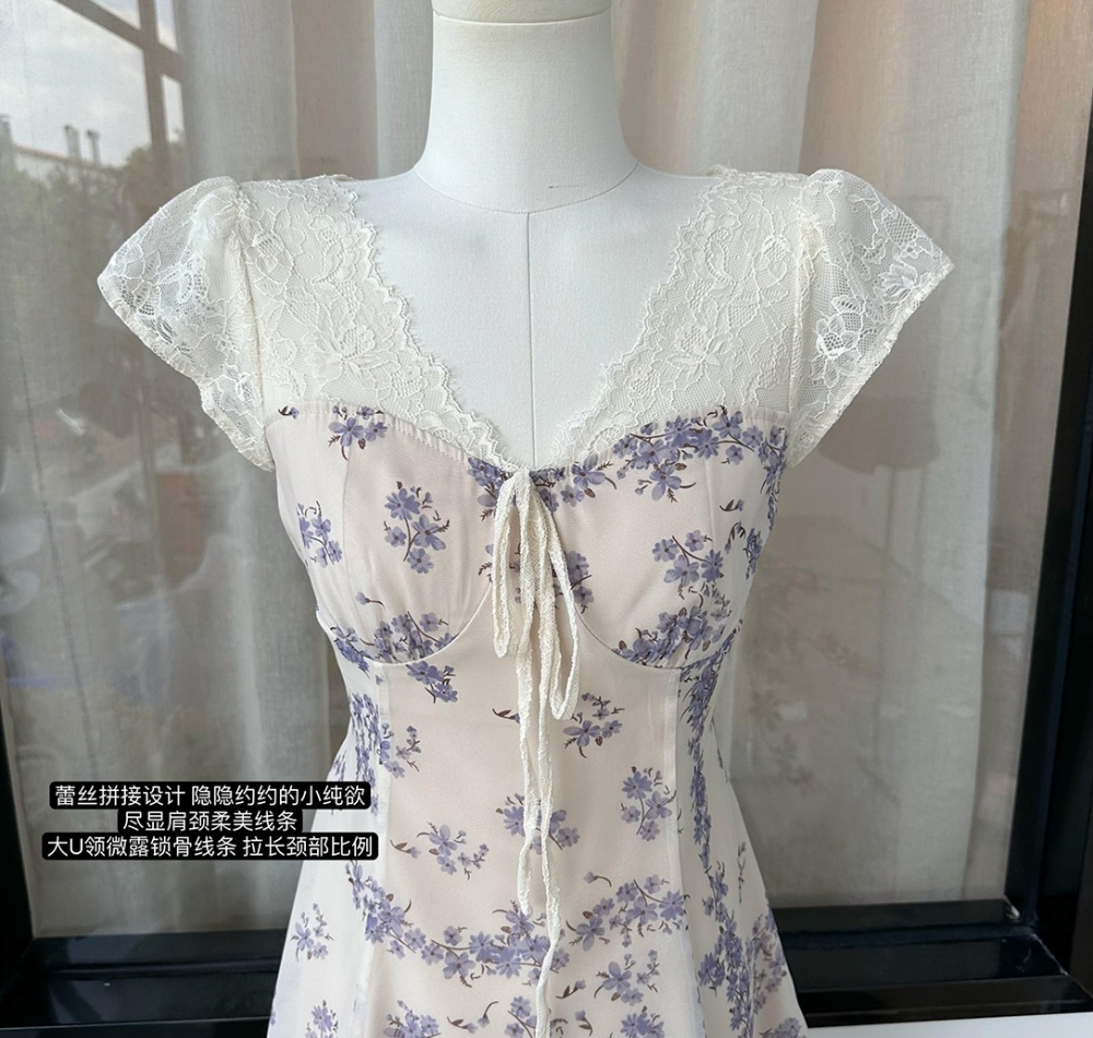 Floral drawstring V-neck pinched waist dress