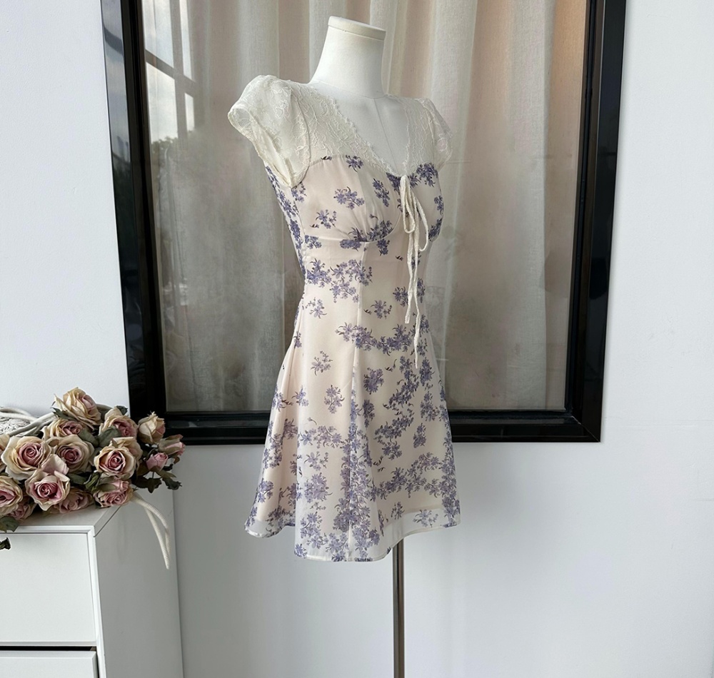 Floral drawstring V-neck pinched waist dress