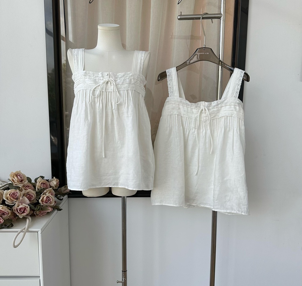Lace sleeveless shirt flax white tops for women