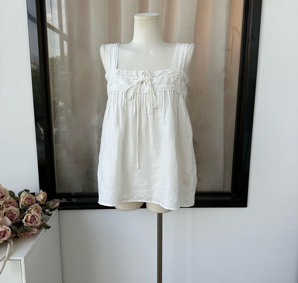 Lace sleeveless shirt flax white tops for women