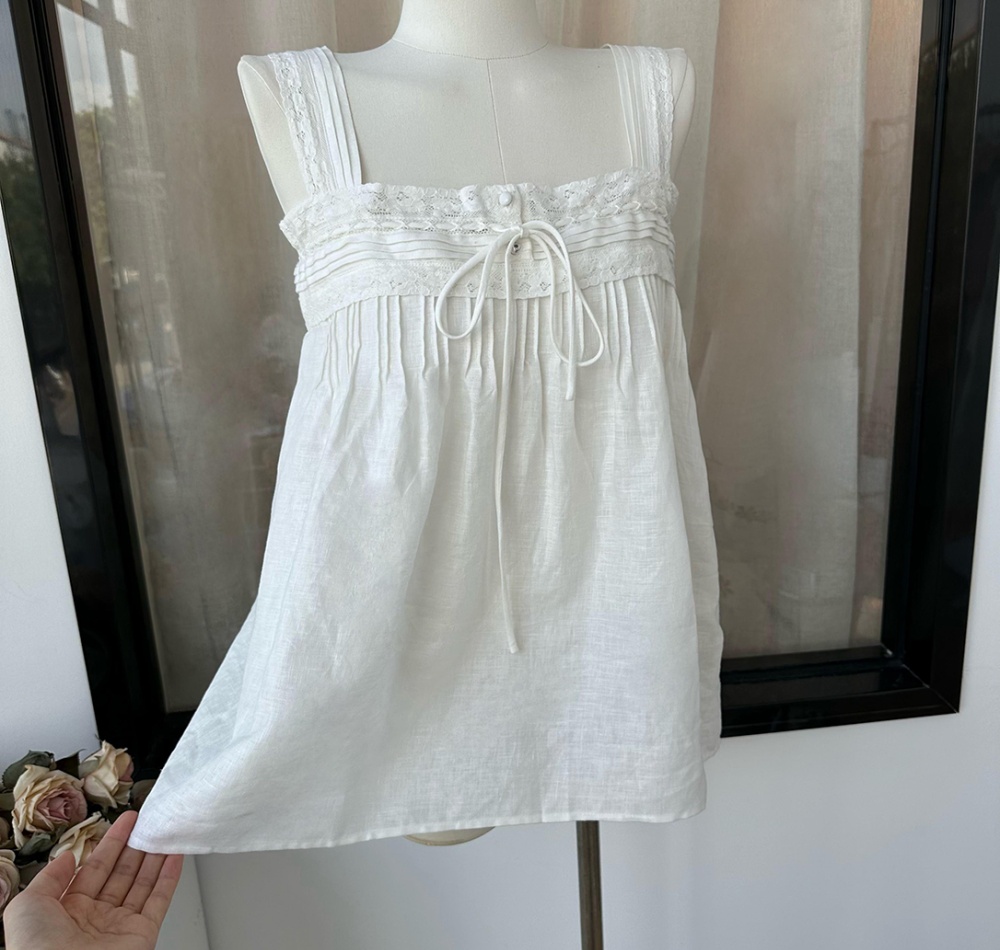 Lace sleeveless shirt flax white tops for women