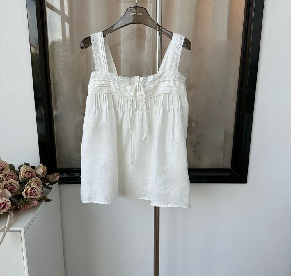 Lace sleeveless shirt flax white tops for women