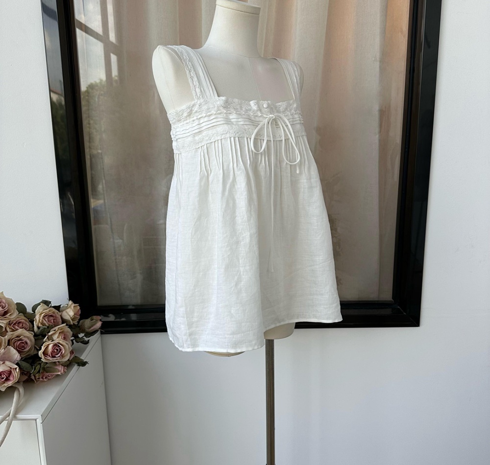 Lace sleeveless shirt flax white tops for women