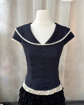 Lace polka dot France style splice tops