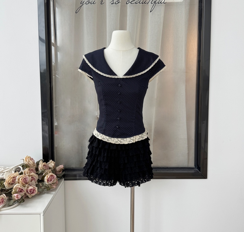 Lace polka dot France style splice tops