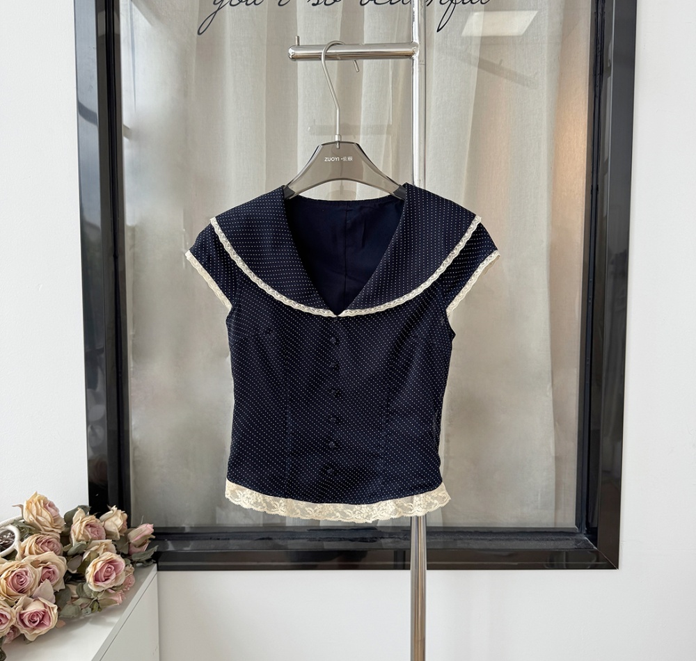 Lace polka dot France style splice tops