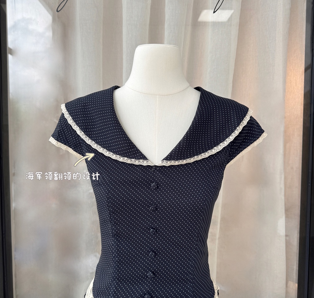 Lace polka dot France style splice tops