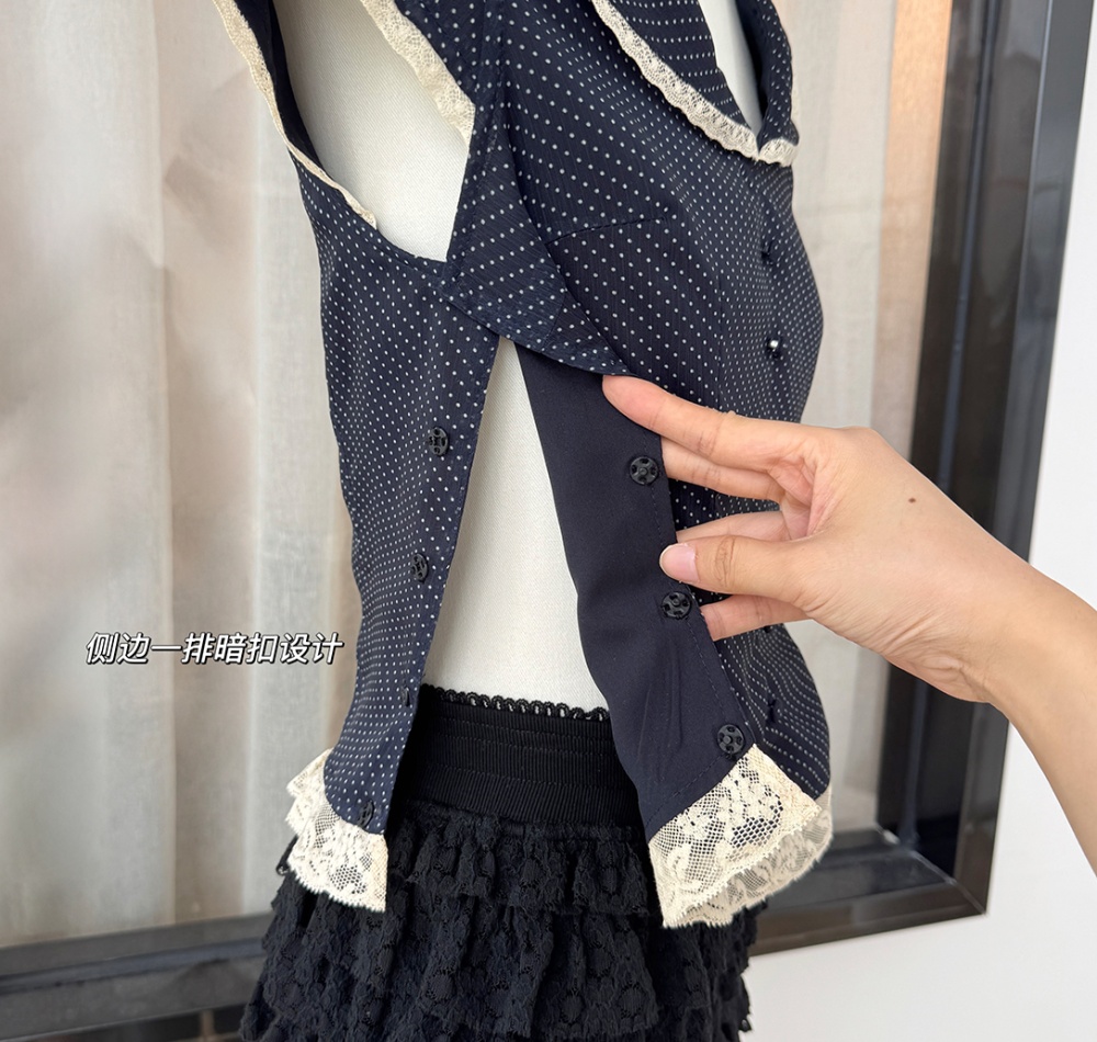 Lace polka dot France style splice tops