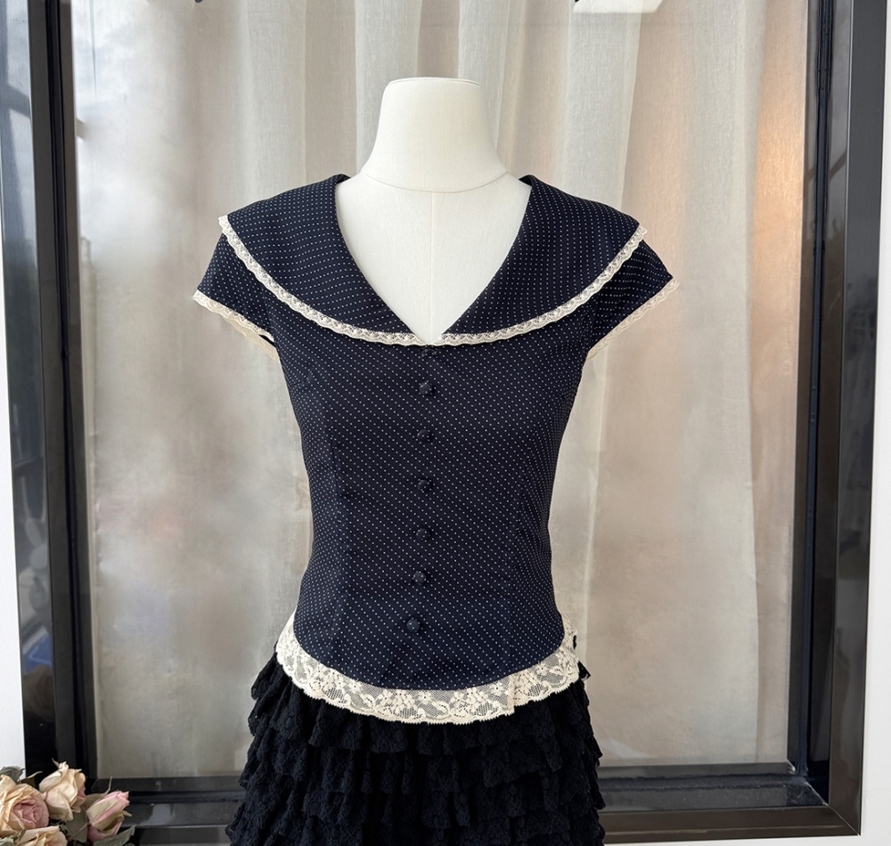 Lace polka dot France style splice tops