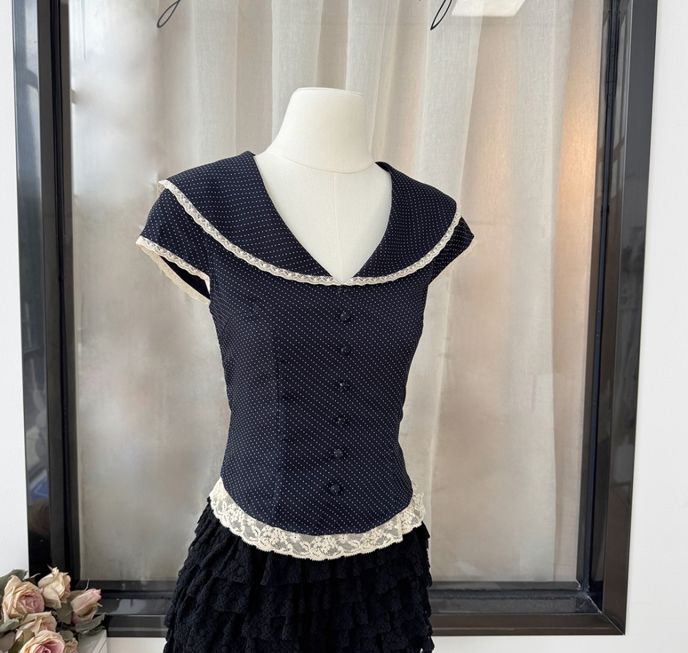 Lace polka dot France style splice tops
