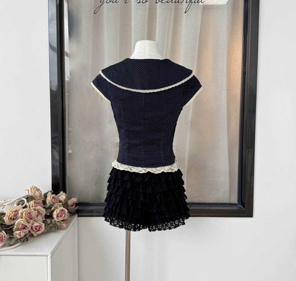 Lace polka dot France style splice tops