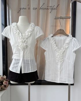 Summer short sleeve slim lotus leaf edges pinched waist shirt