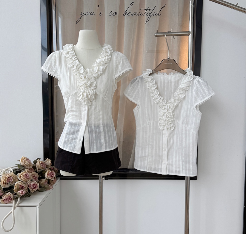 Summer short sleeve slim lotus leaf edges pinched waist shirt