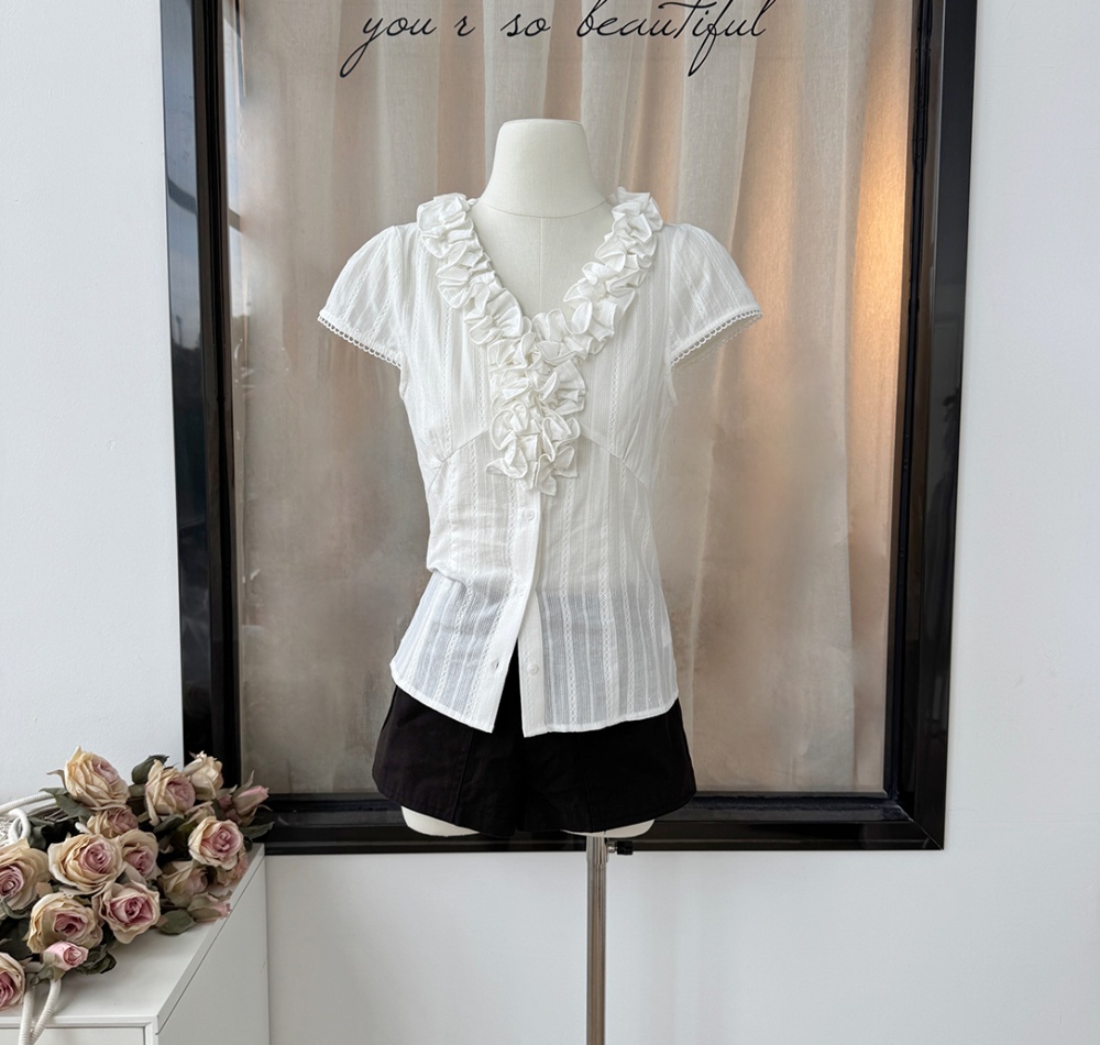Summer short sleeve slim lotus leaf edges pinched waist shirt