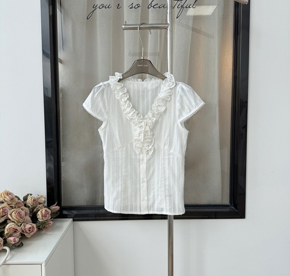 Summer short sleeve slim lotus leaf edges pinched waist shirt