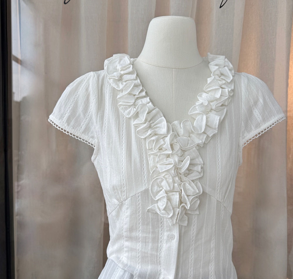 Summer short sleeve slim lotus leaf edges pinched waist shirt