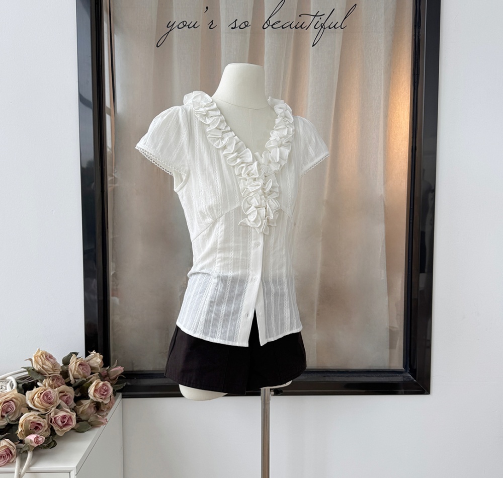 Summer short sleeve slim lotus leaf edges pinched waist shirt