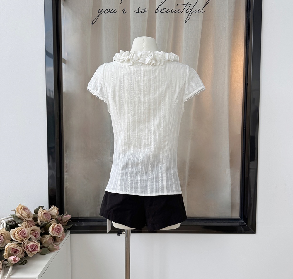 Summer short sleeve slim lotus leaf edges pinched waist shirt