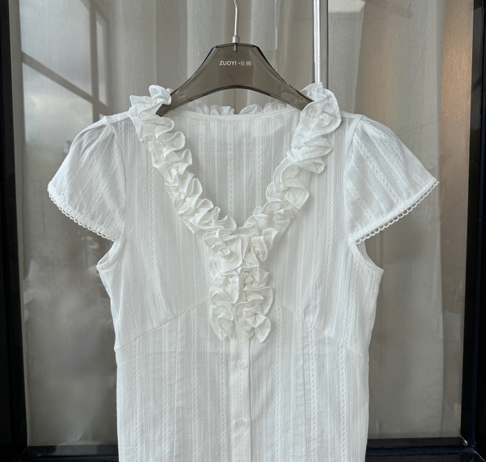 Summer short sleeve slim lotus leaf edges pinched waist shirt