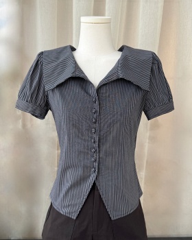 Lapel pinched waist shirt black-white niche tops for women
