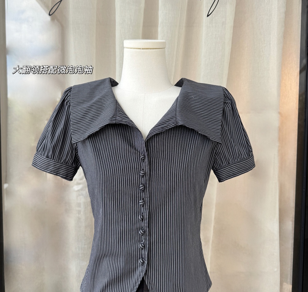 Lapel pinched waist shirt black-white niche tops for women
