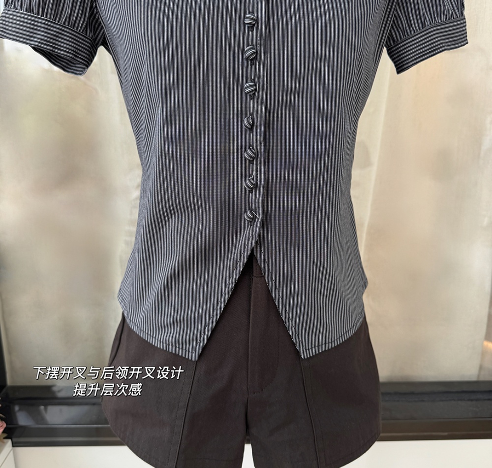 Lapel pinched waist shirt black-white niche tops for women