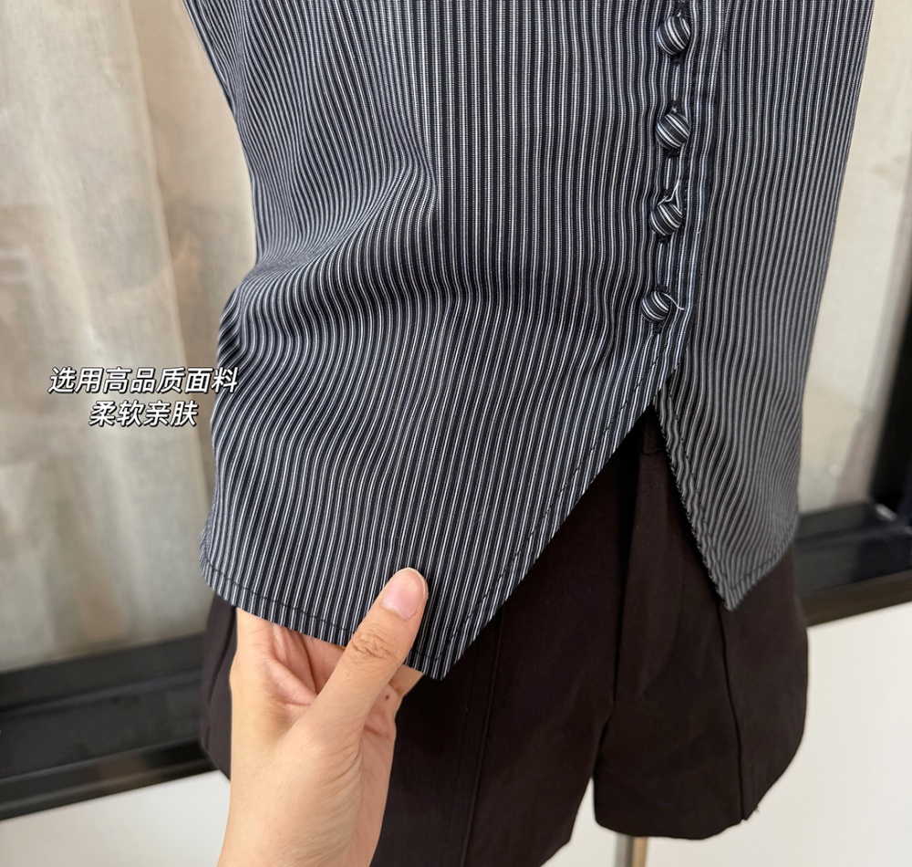 Lapel pinched waist shirt black-white niche tops for women