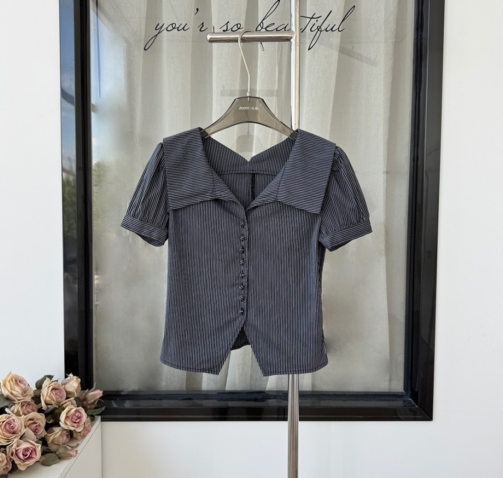 Lapel pinched waist shirt black-white niche tops for women