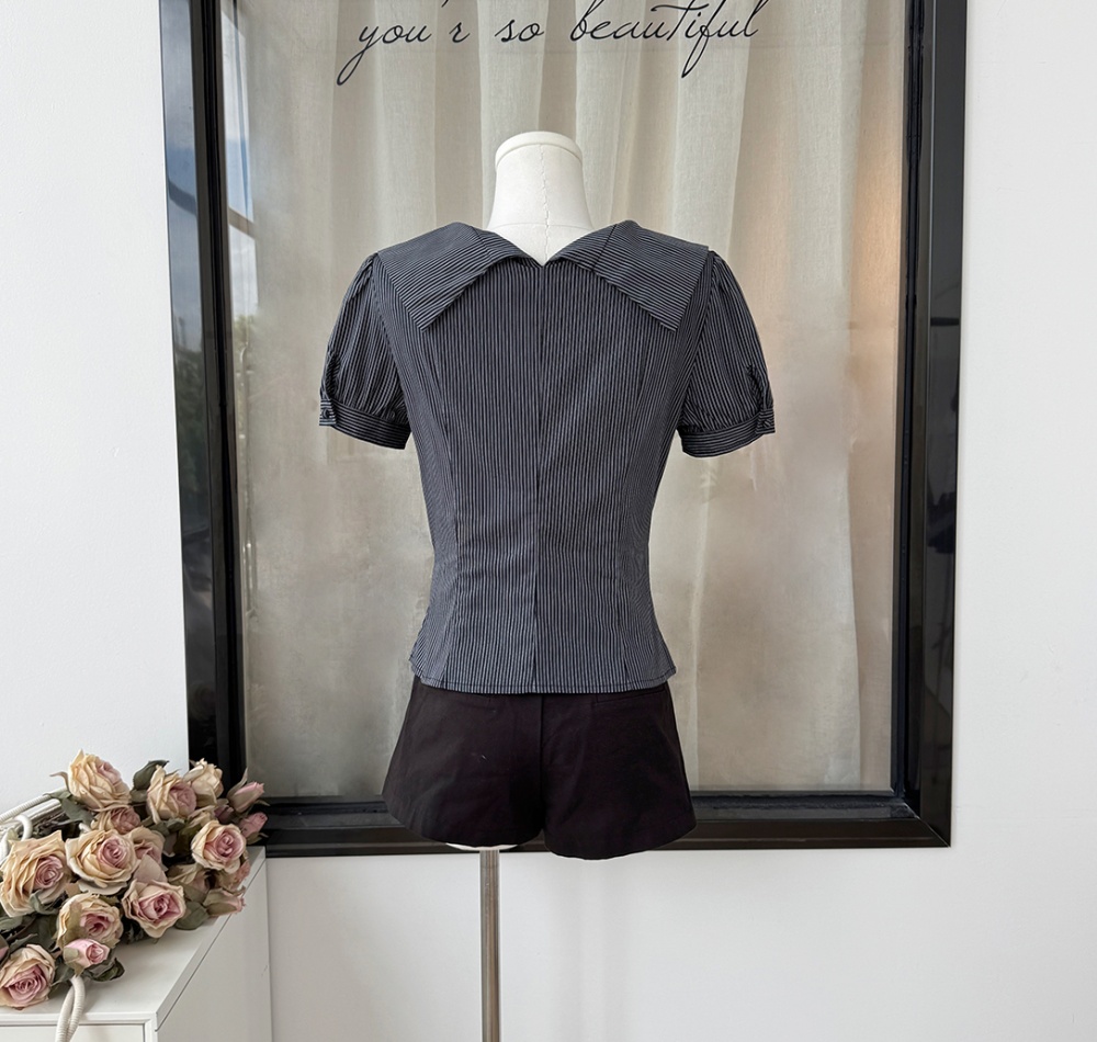 Lapel pinched waist shirt black-white niche tops for women