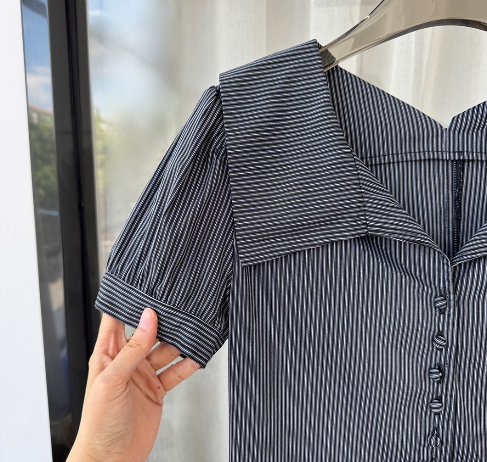 Lapel pinched waist shirt black-white niche tops for women