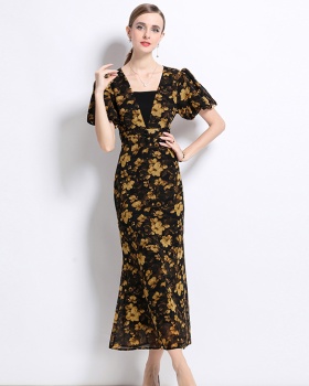 Slim puff sleeve dress printing long dress for women