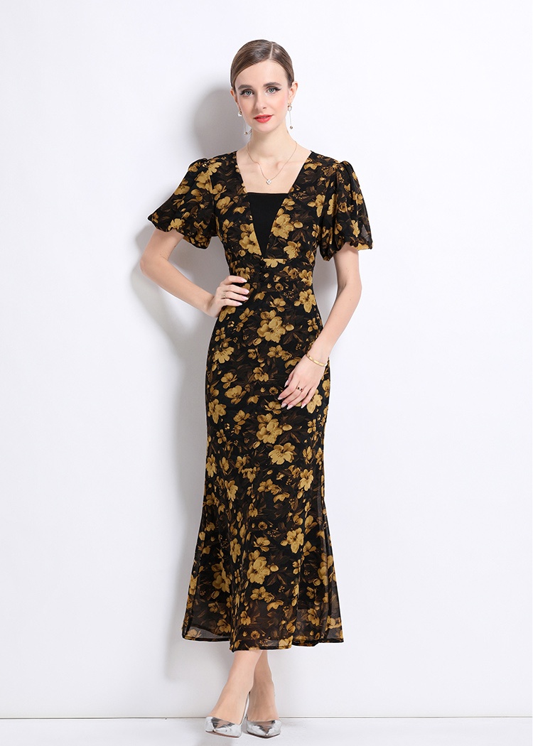 Slim puff sleeve dress printing long dress for women