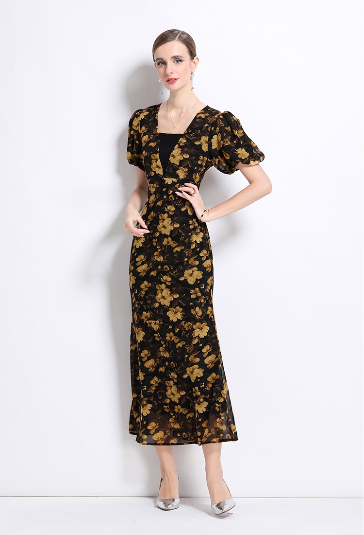 Slim puff sleeve dress printing long dress for women