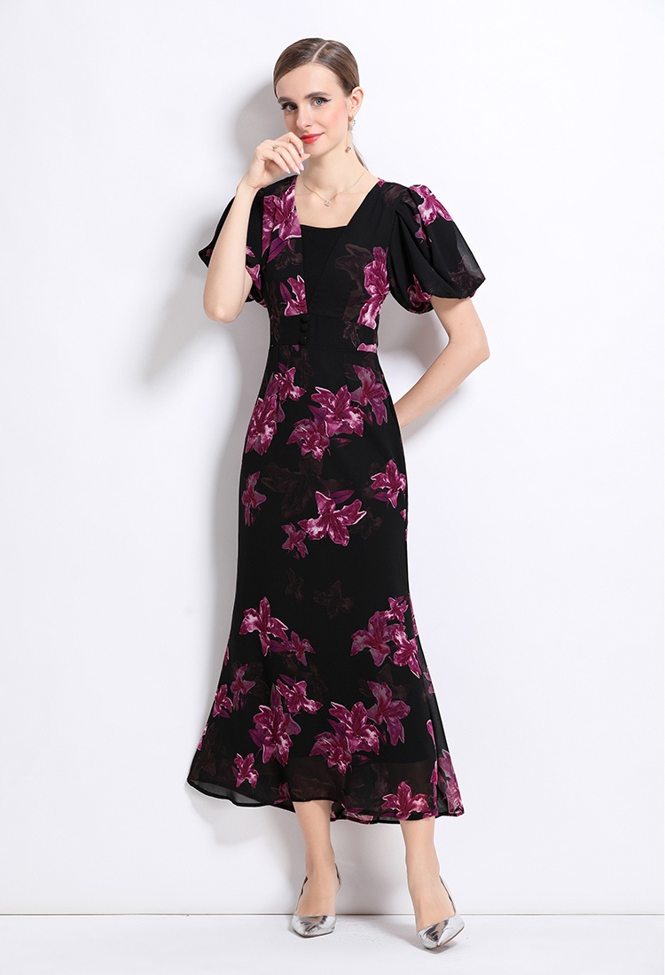 Slim puff sleeve dress printing long dress for women