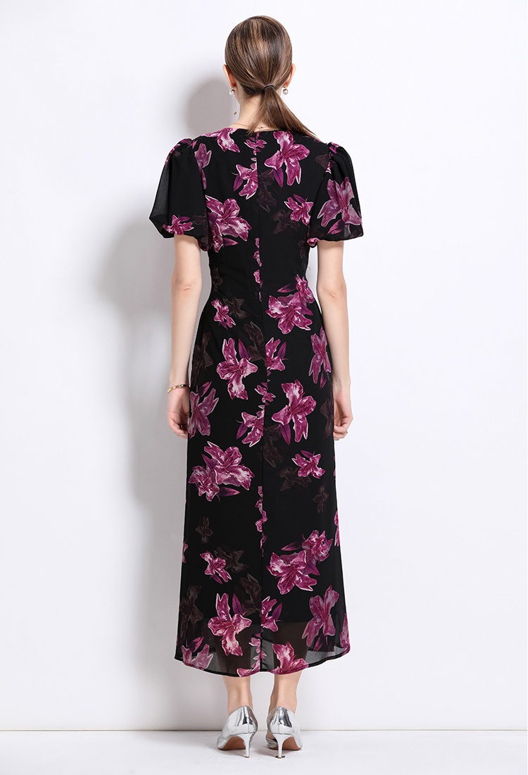Slim puff sleeve dress printing long dress for women
