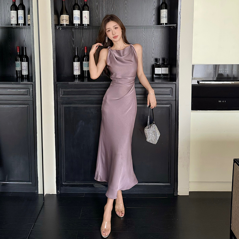 Slim satin sling dress mermaid pinched waist long dress