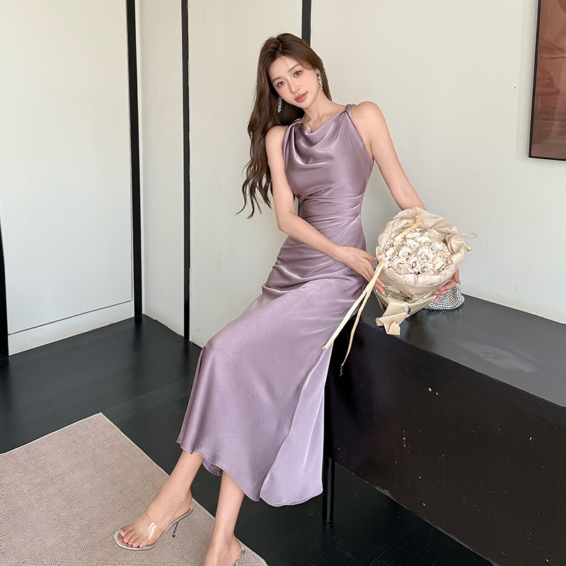 Slim satin sling dress mermaid pinched waist long dress