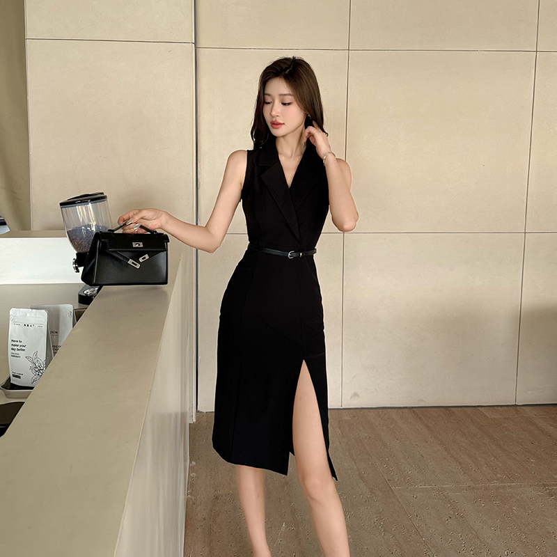 Long summer dress split V-neck business suit