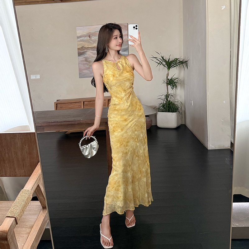 Chinese style summer dress long dig shoulder cheongsam