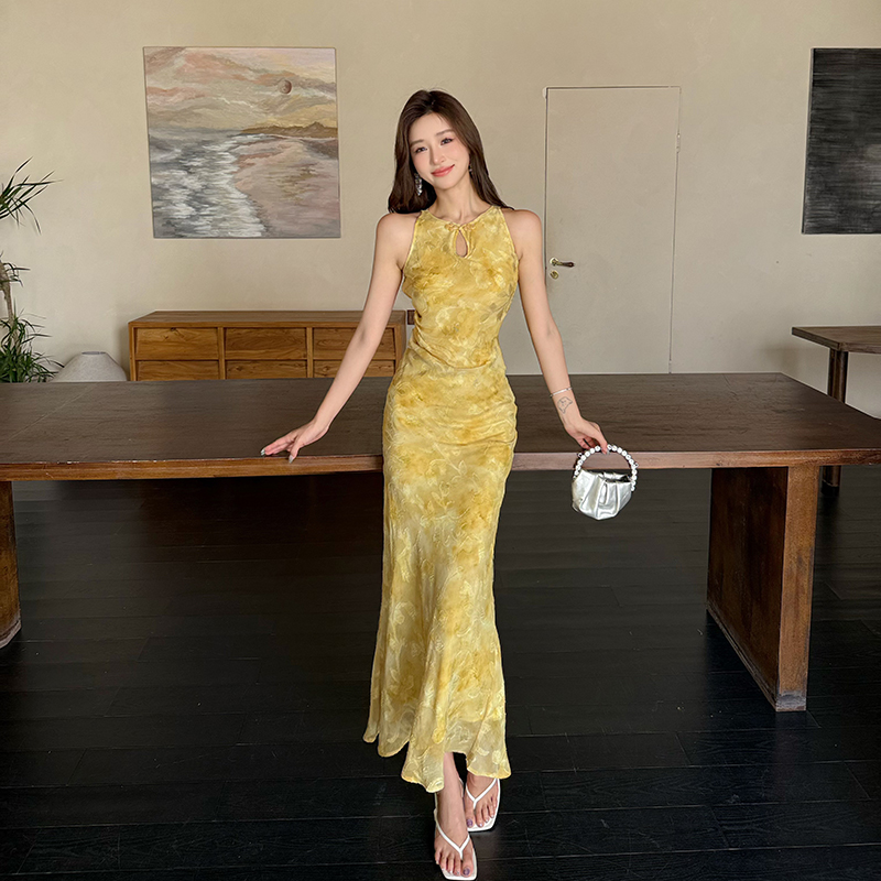 Chinese style summer dress long dig shoulder cheongsam