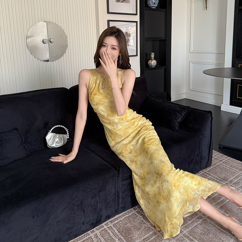 Chinese style summer dress long dig shoulder cheongsam