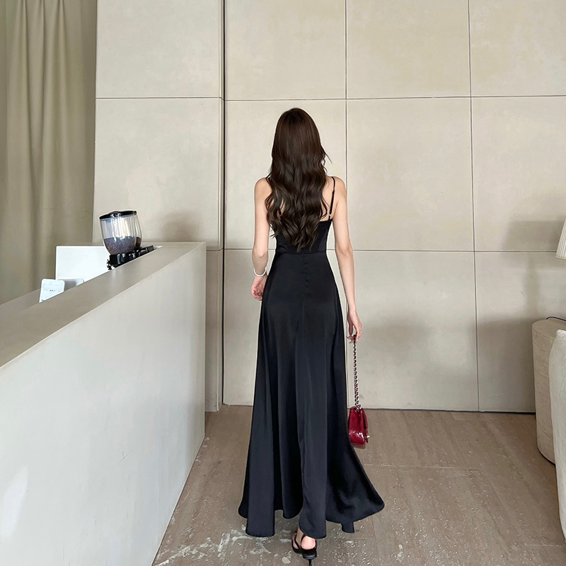 Temperament sling slim split summer satin France style dress