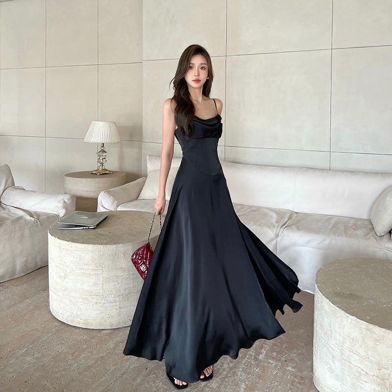 Temperament sling slim split summer satin France style dress