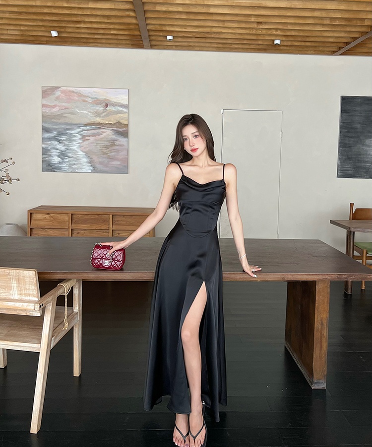 Temperament sling slim split summer satin France style dress