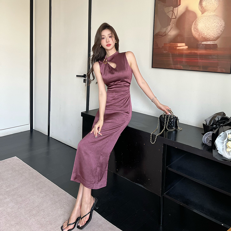 Drops of water hollow sleeveless pin pinch pleated dress