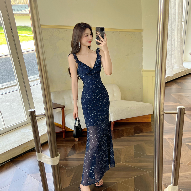 Pinched waist V-neck long dress summer blue dress