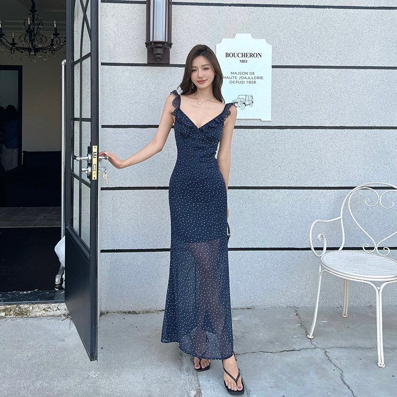Pinched waist V-neck long dress summer blue dress
